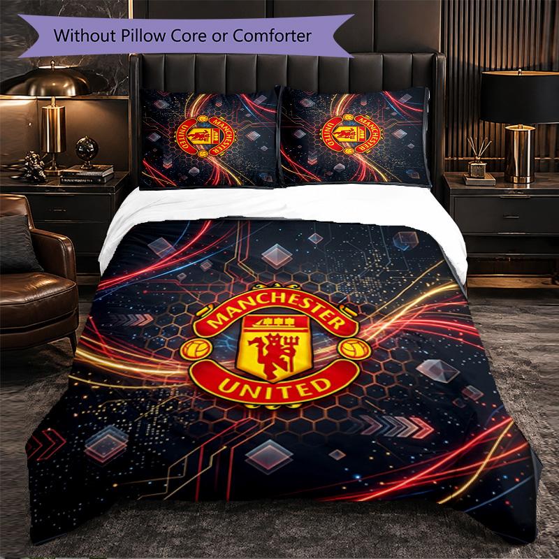 Manchester United Pattern 3 Pieces Bedding Set Soft Microfiber Duvet Cover with Pillow Cases for Bedroom