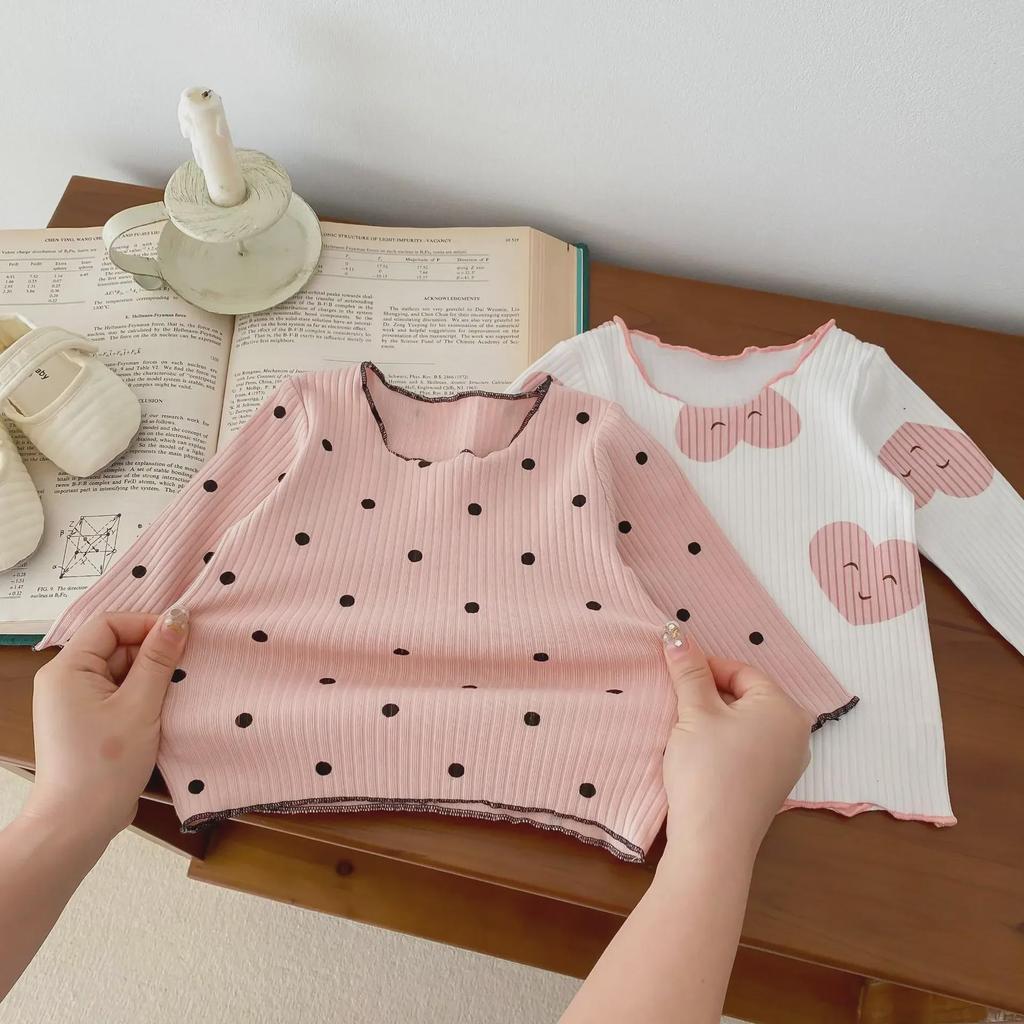 2024 Baby Girl Long Sleeve Love Dot Two-Piece Set with Ruffled Edges