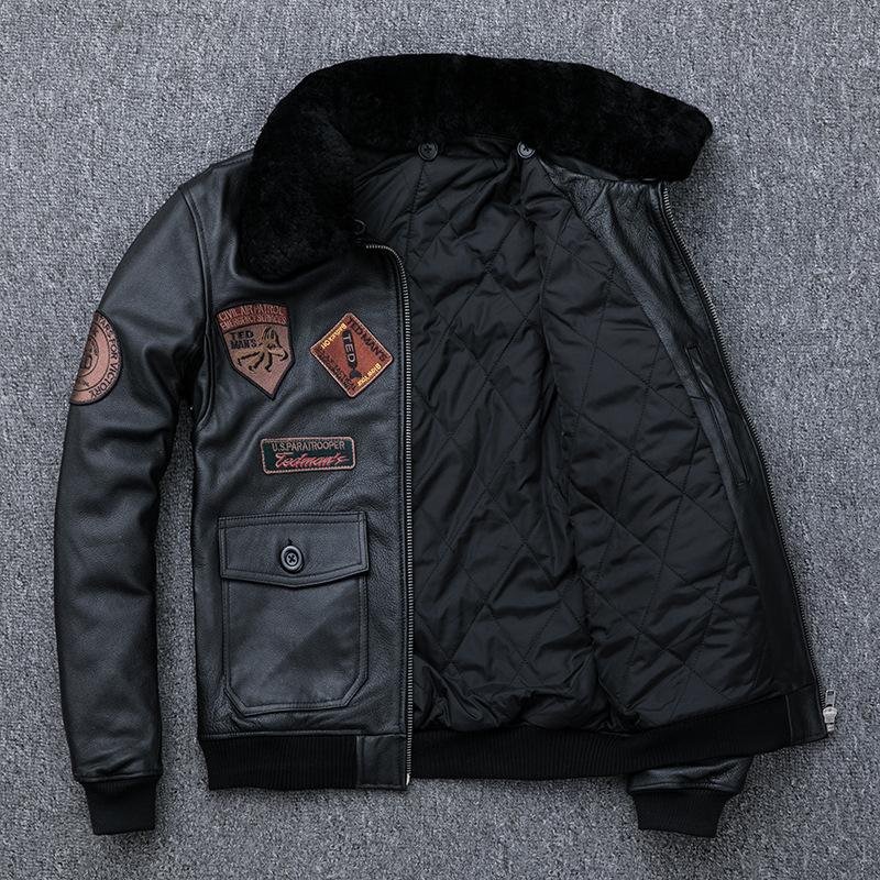 Мужская куртка из воловьей кожи первого слоя, меховой воротник из овечьей шерсти, пальто из утепленного хлопка