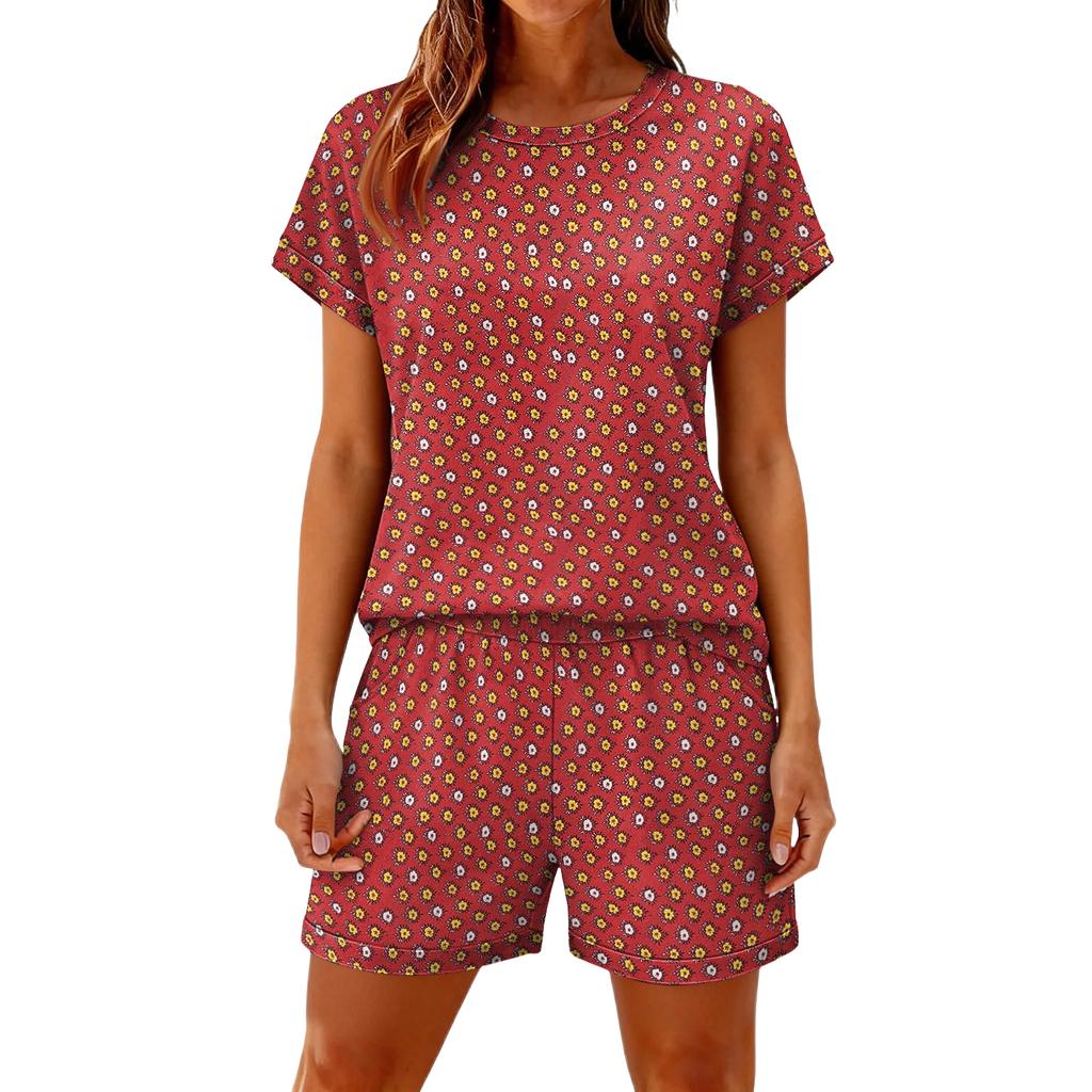 Women's Casual And Comfortable Floral-Print Short-Sleeve Set With Pockets