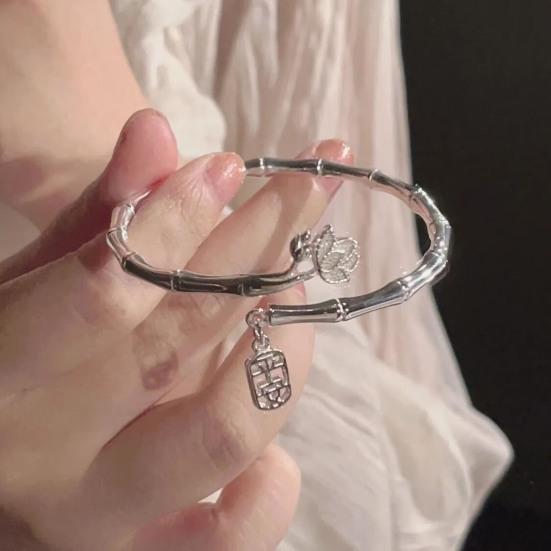 Цветочный декор, женский браслет, китайский иероглиф, кулон, регулируемая форма бамбука, открытый браслет, ювелирные аксессуары