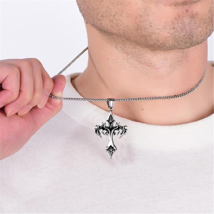 Men's Titaniums Steel Necklace Retro Flame Crucifix Charm Pendant Clavicle Chain Handmade Music Festival Jewelry