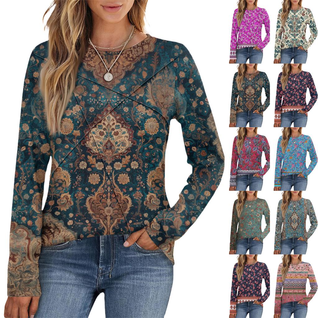 Fashion Women's Long Sleeve Round Neck CasualPleated Floral Print Loose Top