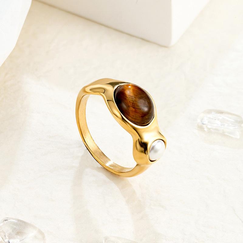 Retro Pearl Natural Stone Ring, Female Niche Popular Stainless Steel Color-plated Ring Jewelry