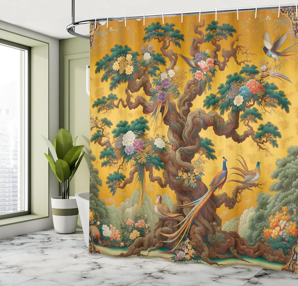 Floral Plant Theme Vintage Shower Curtain Vine Green Leafy Peacock Fabric Bathroom Decorative Shower Curtain With Hook