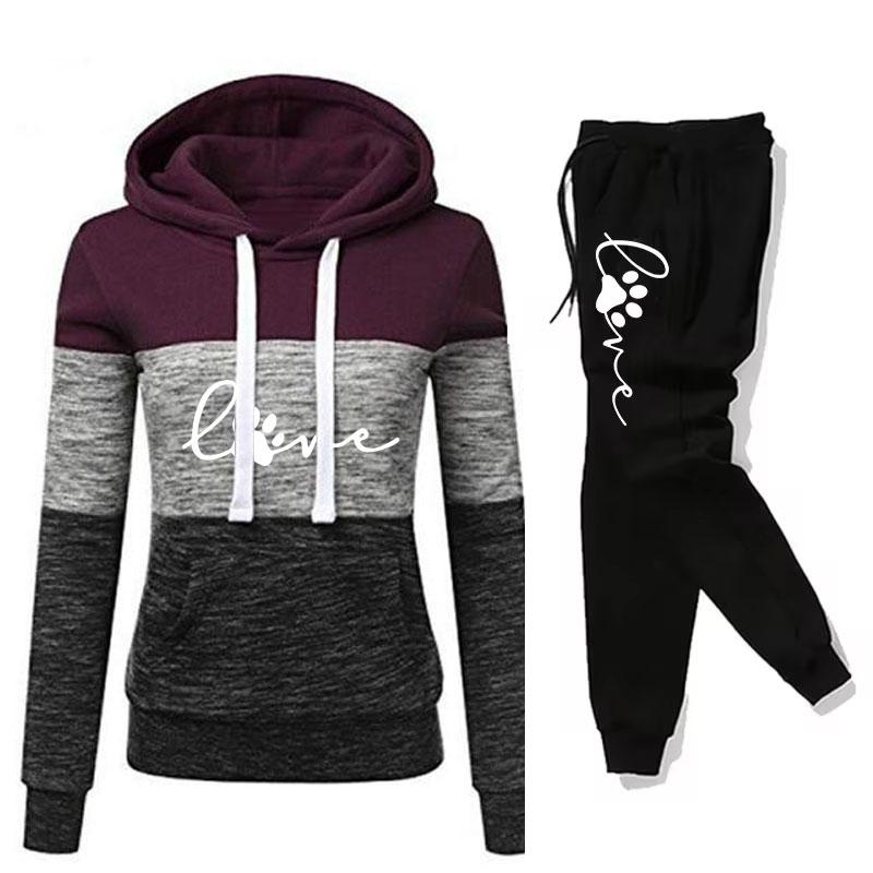 Женский спортивный костюм с цветными блоками, универсальная толстовка с капюшоном, черные спортивные штаны с принтом, модные топы, повседневная одежда