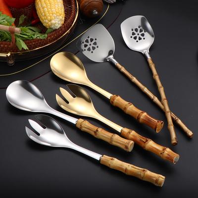 Нержавеющая сталь Wok Кухонная утварь Бамбуковая ручка Лопатка Дуршлаг Кухонная утварь Сервировочная ложка Вилка Половник Кухонные принадлежности