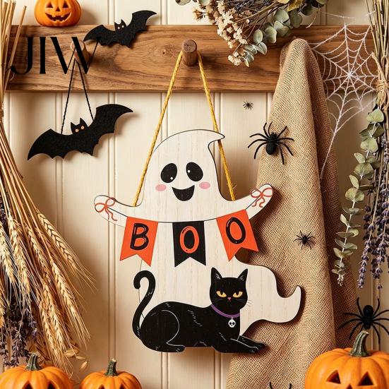 Seasonal Wall Art Black Cat Ghost Door Sign, Halloween Decorative Plaque, Wooden Hanging Scary Signs Vintage Rustic Decor with Jute Rope, Sign