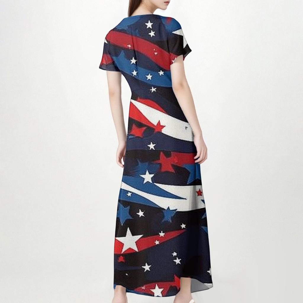 Женские повседневные модные длинные платья с принтом, платья с V-образным вырезом и коротким рукавом