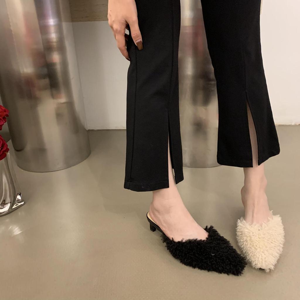 Дизайн смысл ниша темперамент заостренная голова пушистый полуперетаскивание французские высокие каблуки пушистая обувь осенне-зимняя одежда женская обувь тапочки