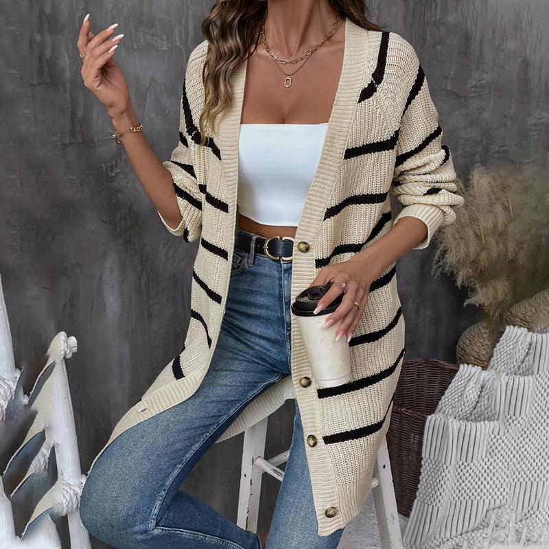 Autumn and Winter Striped Loose Cardigan Sweater Women's Casual Sweater