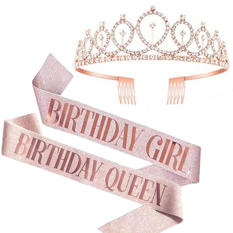 Корона из розового золота на день рождения, пояс со стразами, женские тиары для королевы, подарки на день рождения, атрибутика для вечеринок для женщин, украшения на день рождения