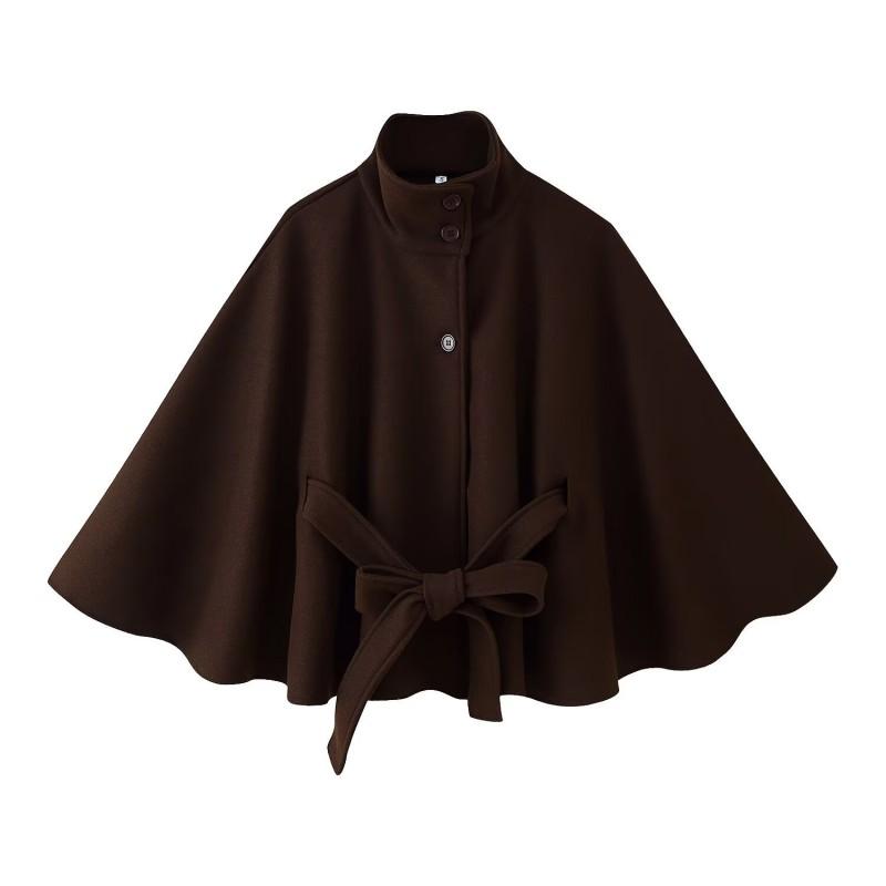 Womens Fashion Loose Stand Collar Bathrobe Style Coat Belted Short Overcoat