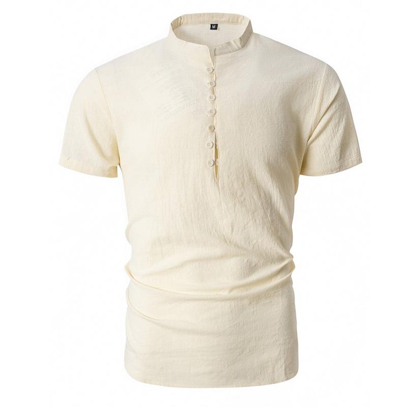 Men's Solid Color Cotton and Linen Short-sleeved Shirt Summer Casual Henry Collar Shirt Button V-neck Pullover Loose Top S-XXXL