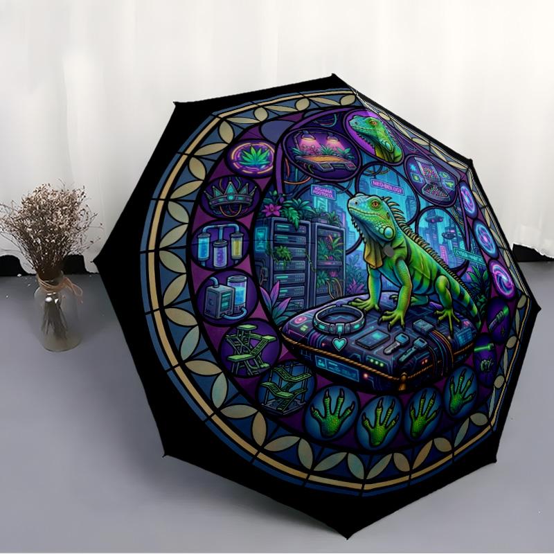 CyberIguana Future Habitat pattern umbrella, portable and foldable design, 8 ribs, a casual accessory for Halloween, Christmas, and birthday gifts.