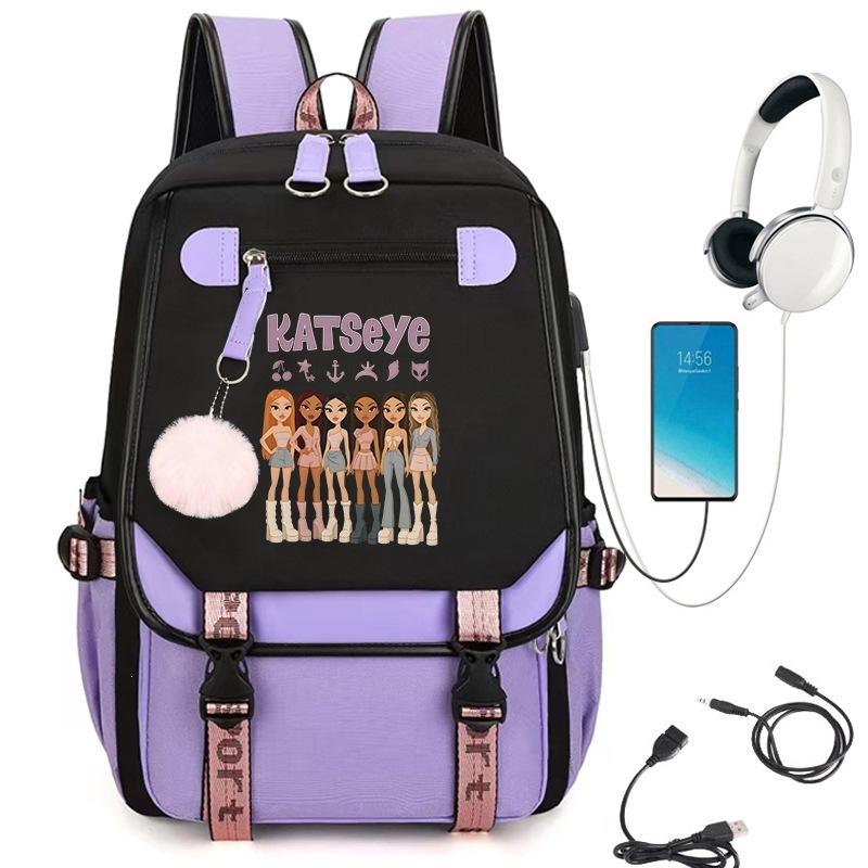 KATSEYE K-pop Cartoon USB Charging Backpack Student Bookbag Lightweight Water-Resistant Laptop Daypack