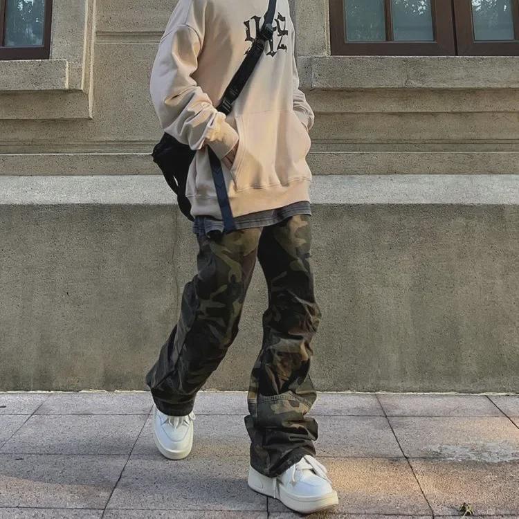 2023 г. Джинсы с высокой талией в стиле ретро, камуфляж, зеленый милитари, широкие