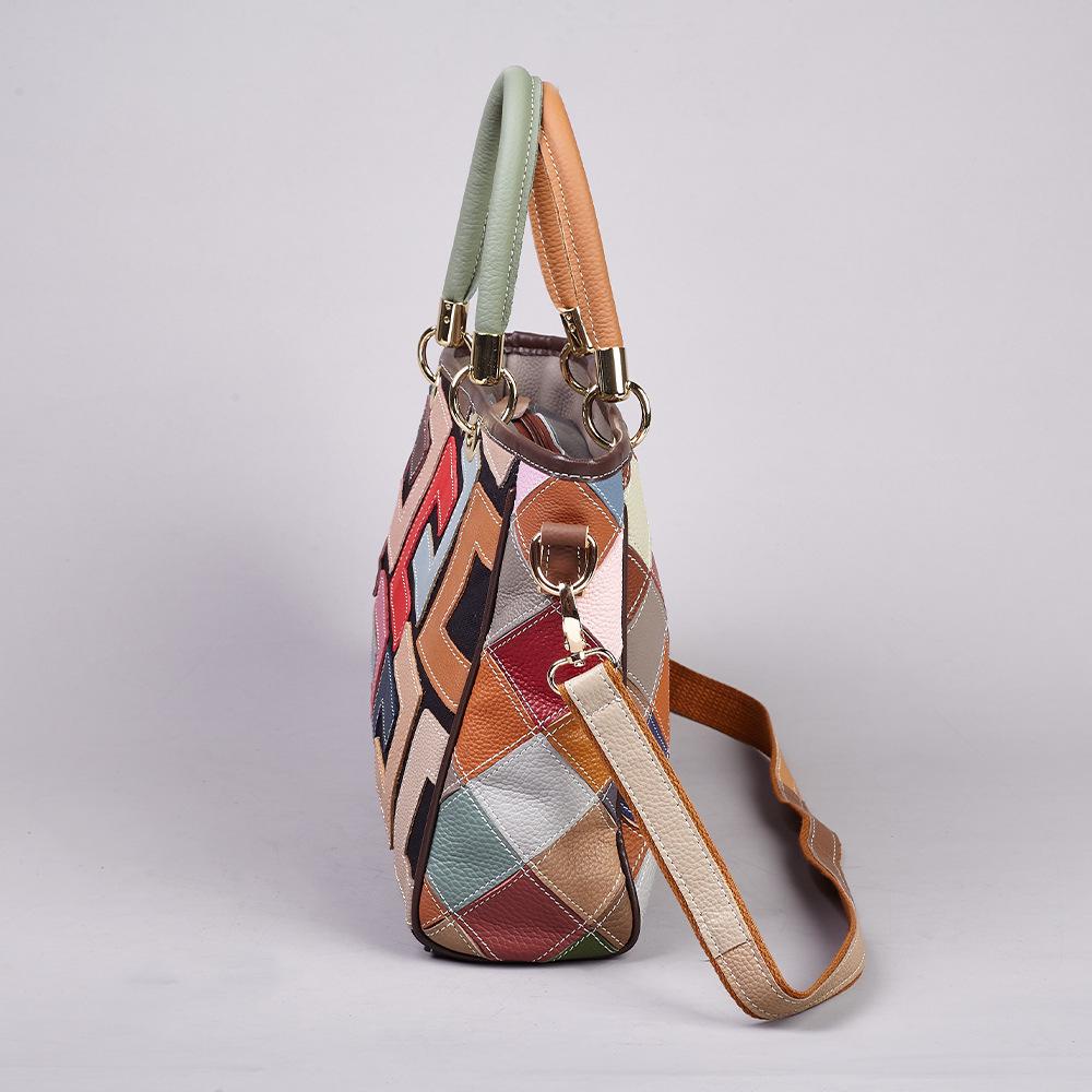 Genuine Leather Women's Ethnic Style Color Block Crossbody Shoulder Bag