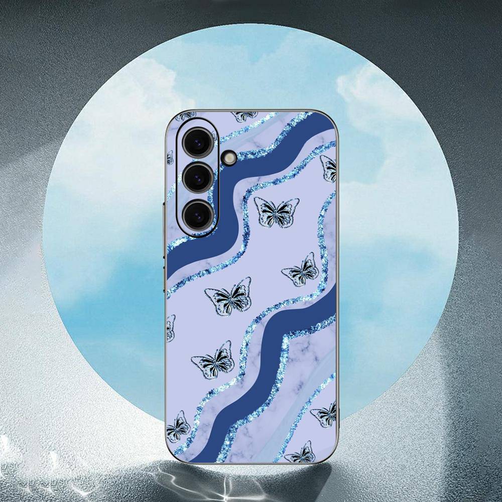 Beauty Blue Butterfly For Samsung Galaxy S25 S24 S23 Ultra S22 S21 Plus S20 Black Soft Silicone Protective Case