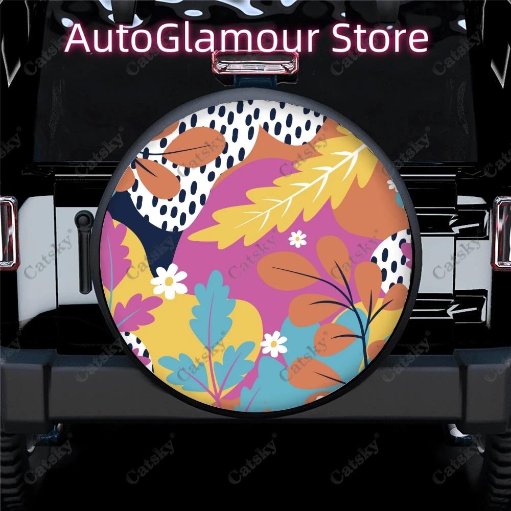 Hand Drawn Abstract Leaves Pattern Polyester Universal Spare Wheel Tire Cover Wheel Covers for Trailer RV SUV Truck Camper