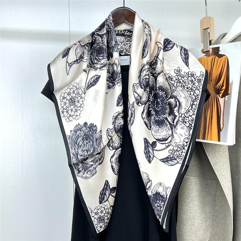88*88cm 100% Mulberry Silk Retro Floral Garden Oil Painting Pattern Square Scarf Thin Sunblock Beach Towel Shawl Neckerchief