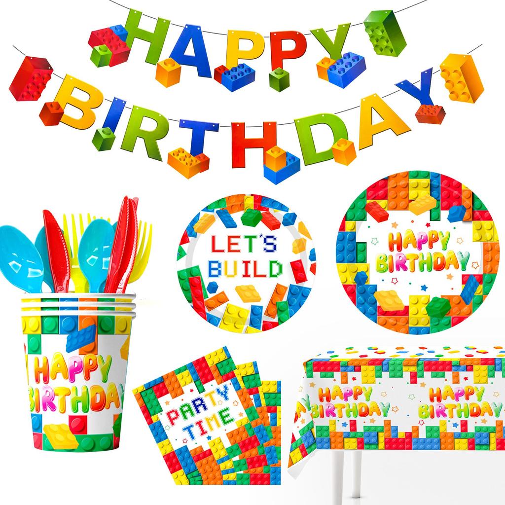 133pcs Building Blocks Birthday Party Supplies - Building Blocks Party Tableware Set-Building Block Party Plates Napkins Tablecloth Banner etc