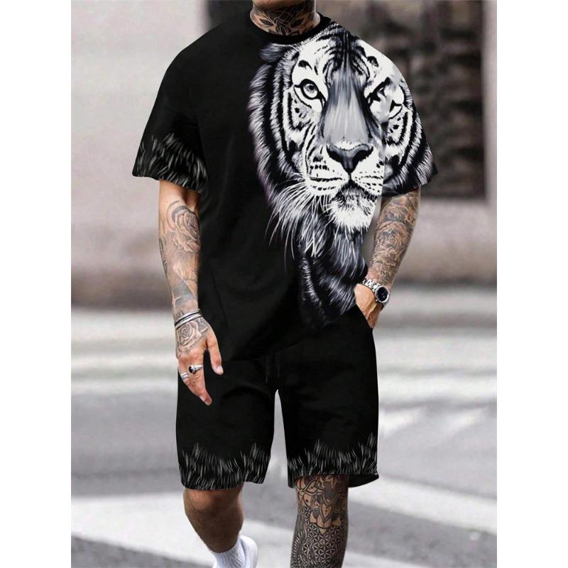 New Men's Short-Sleeved T-Shirt Shorts Set Fashion Summer Lion King Print Short-Sleeved Shorts Two-Piece Street Shoot Clothing