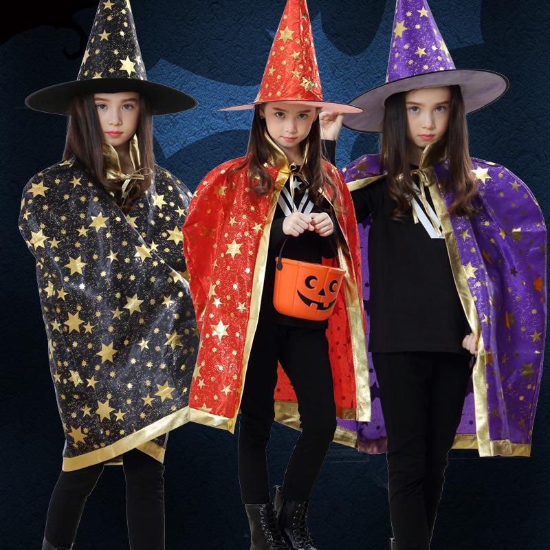 Halloween Cape Cape P Children's Party Show Wizard Wizard Bronzing Five Star Cape Hat Set