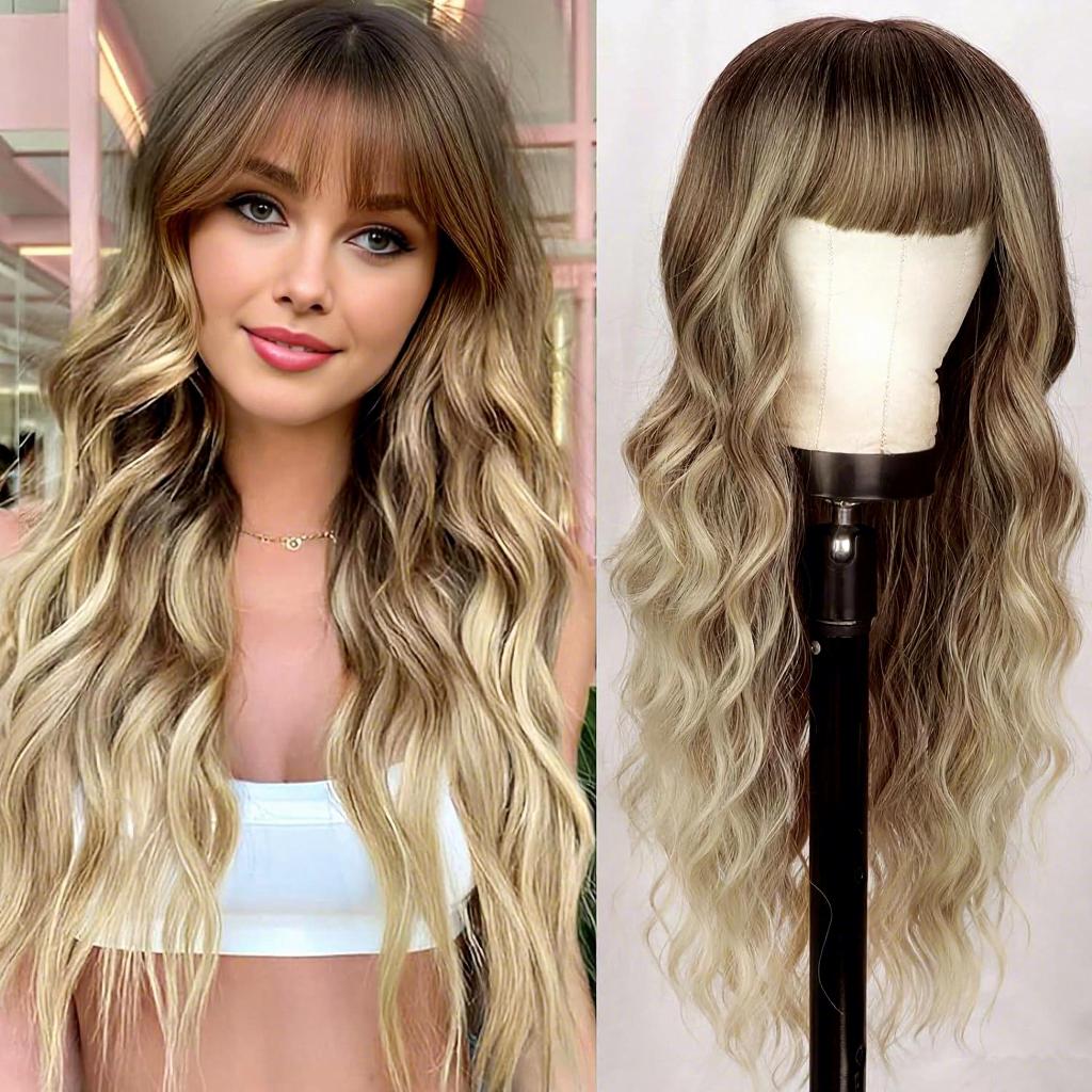 Bangs 26 Inches Deep Wave Body Wave Long Curly Synthetic Hair Wig Heat-Resistant Glueless European American Women High