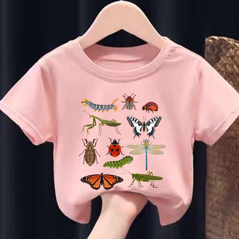 Girls short sleeved Tshirt with insect science print summer casual round neck comfortable cotton short T