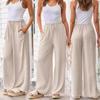 2024 Europe and The United States Women's New Linen Summer Drawstring Wide-leg Pants Floating Wide-leg Beach Pants with Pockets