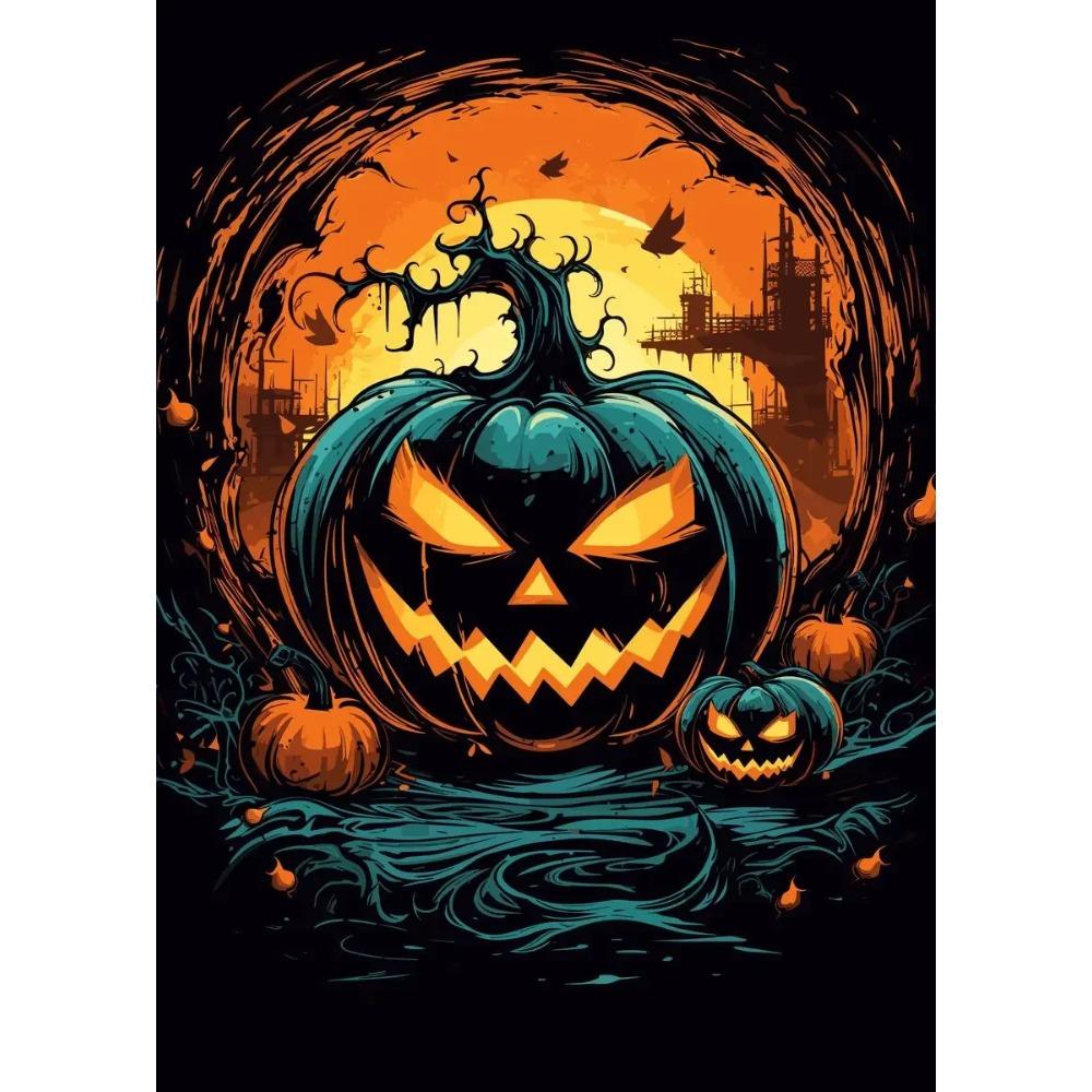 A Classic Vintage Wall Art Pumpkin Black Cat Ghost Painter Halloween Night, Printed Poster, Home Living Room Bedroom Decoration