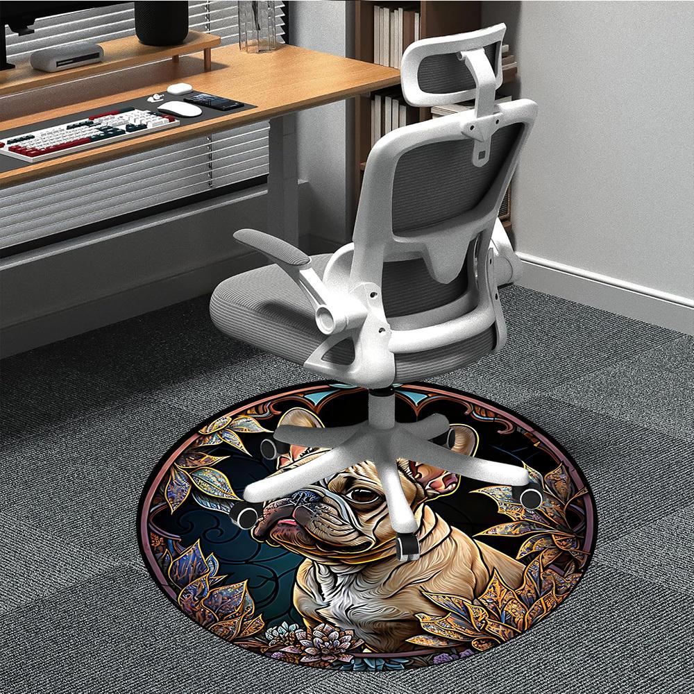 1PC Stained Glass Bulldog Office Round Area Rug,  Mat Suitable ForOffice, Under Office Chairs Bedroom Living Room Home Decor, Room Deco