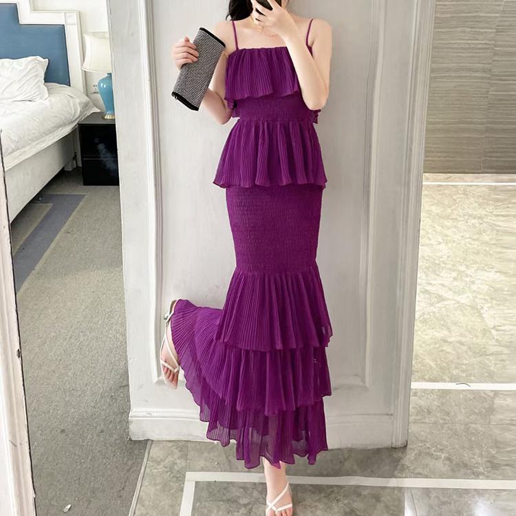 Women Summer Dress Sweet Chiffon Suspender Temperament French Gentleness Elegant Feeling Ruffle Cake Fairy Dress D3227