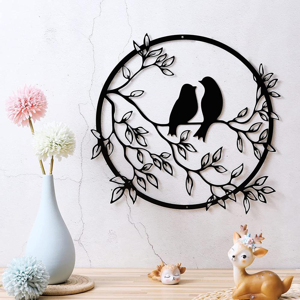 Metal Wall Art Bird On Branch Round Wall Art Bird Sign Wall Silhouette Bird Iron Artwork Hanging