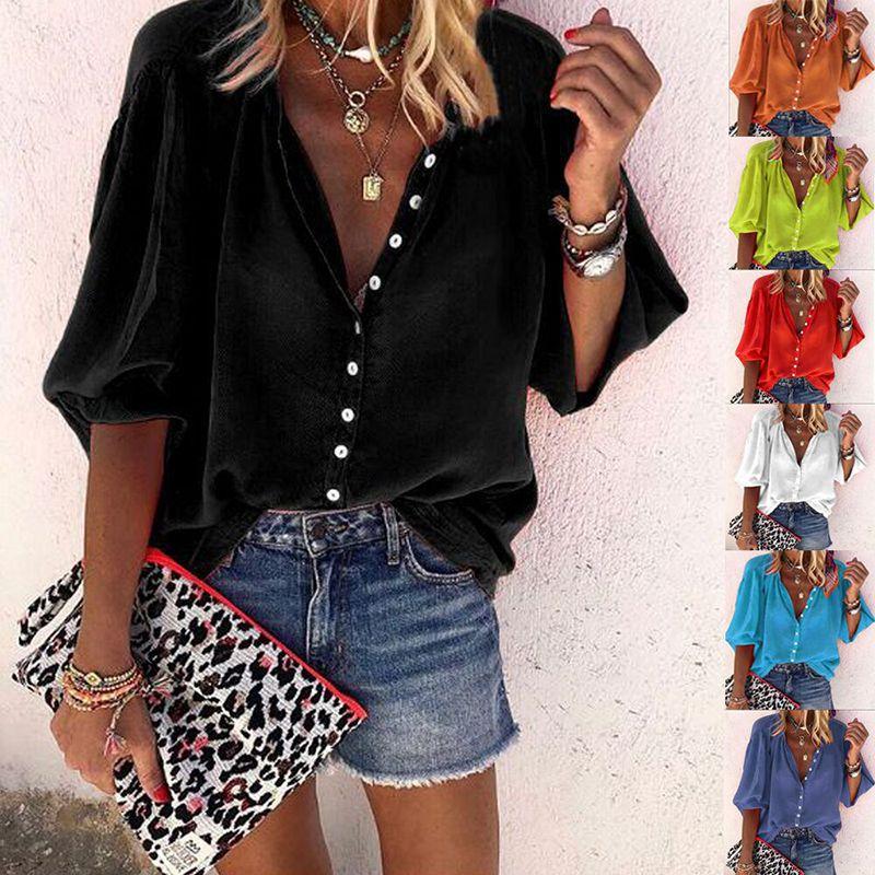 Stylish Women's 3/4 Sleeve Shirt Top Comfortable Loose Fit Button Down Blouse T-shirt