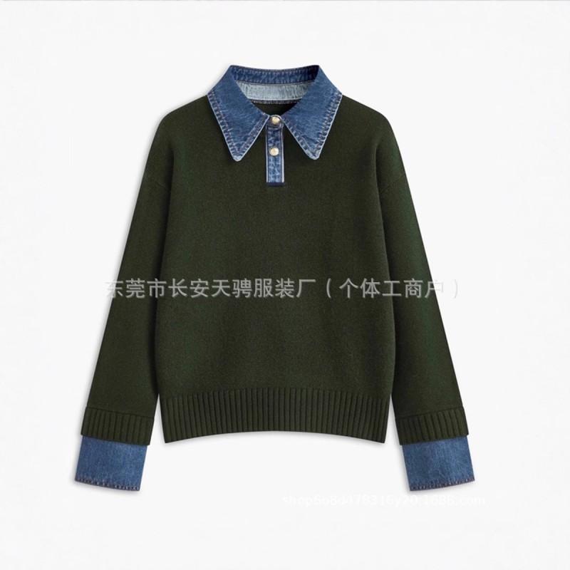 Womens Fashion Denim Patchwork Mock Two-Piece Sweater Fall Winter Loose Polo Neck Knit Top