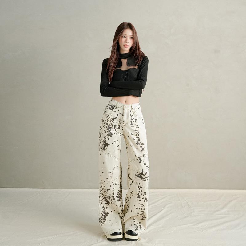 Leopard print high waist wide leg jeans women's autumn new loose and thin versatile floor long pants