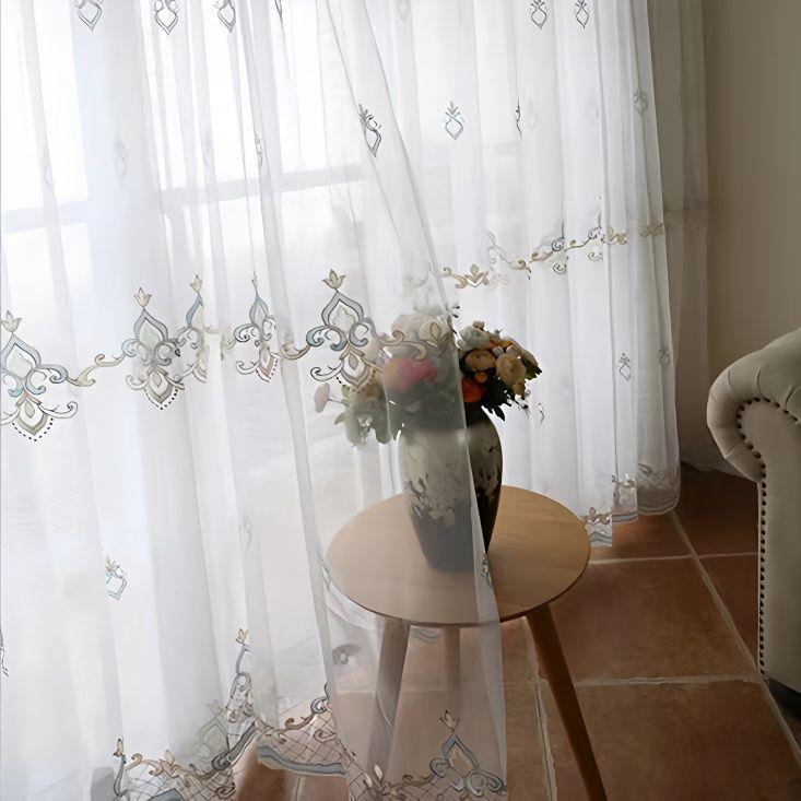 Тюль с 3D-вышивкой и цветочным узором | Роскошный европейский дизайн | Верхние части с люверсами, бисерные веревки и кружевные подзоры | Спальни и гостиные