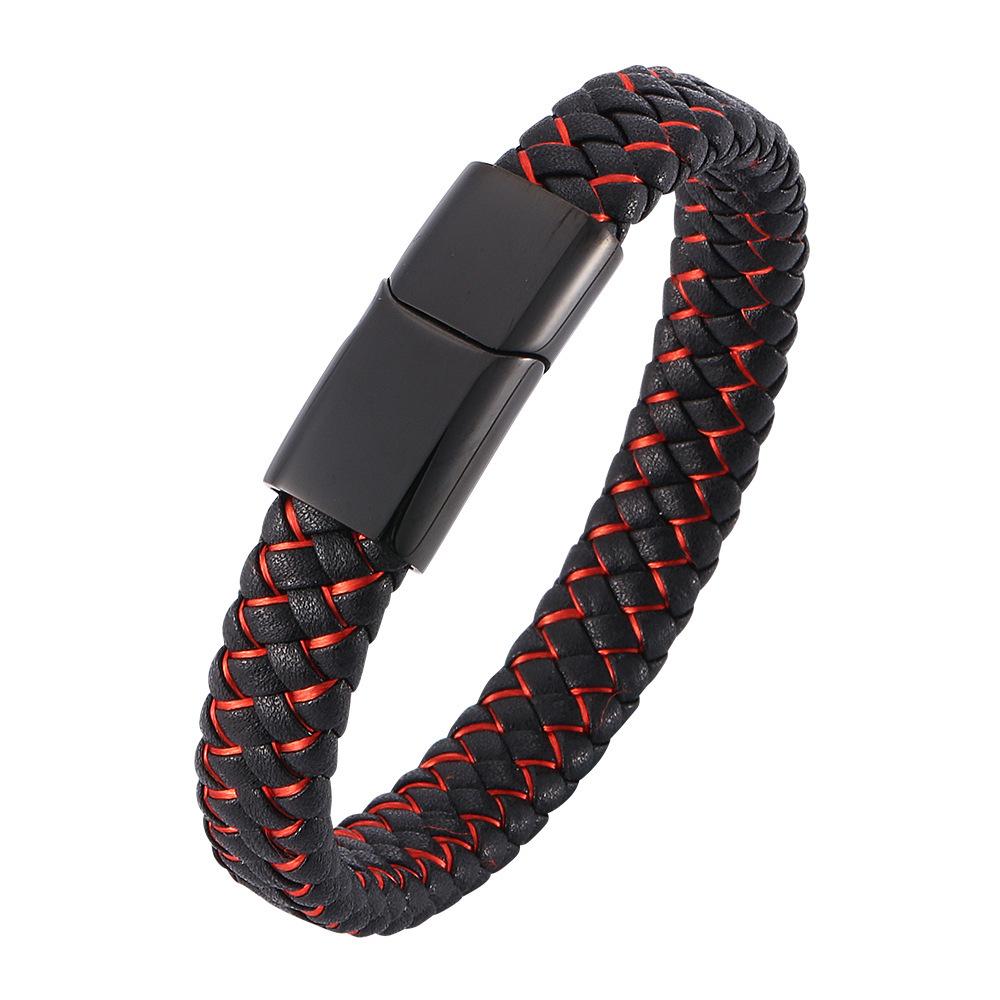 Punk Men Braided Genuine Braided Blue Leather Bracelet Black Stainless Steel Magnetic Buckle Bracelet Gifts Homme Pulsera