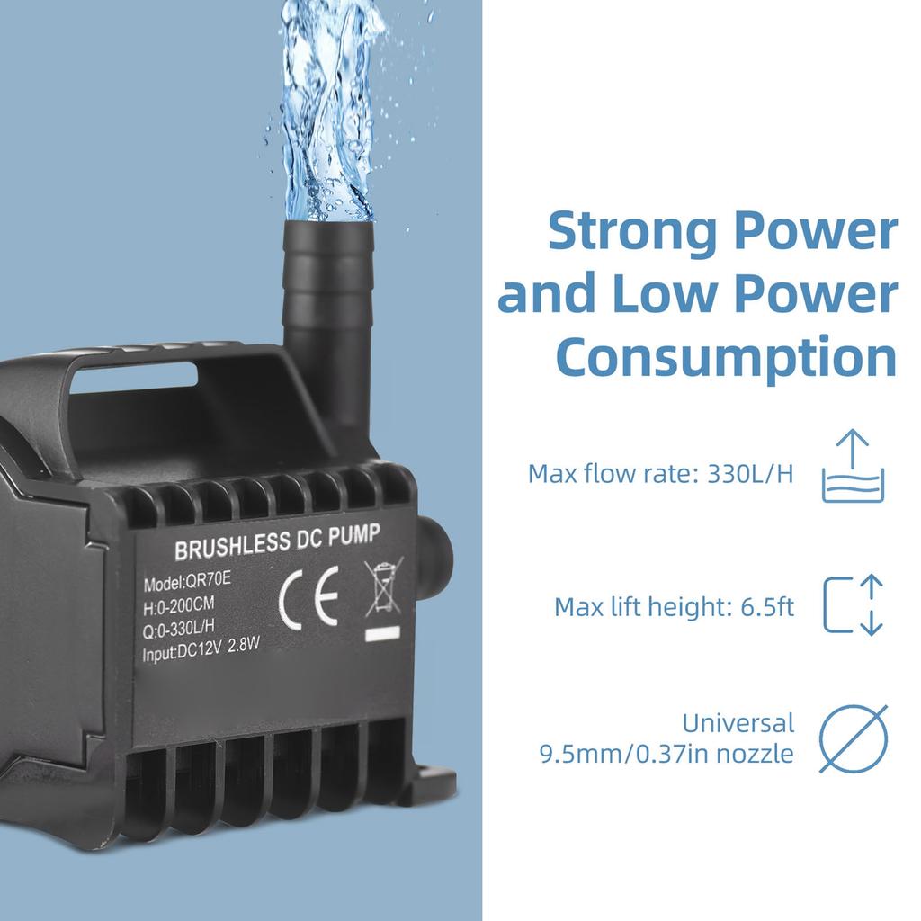 Погружной 12В Водяной насос Электрический 500л/ч Маленький фонтанный насос с максимальной высотой подъема 4,9 фута, проводом 1,6 фута и основанием на присосках,