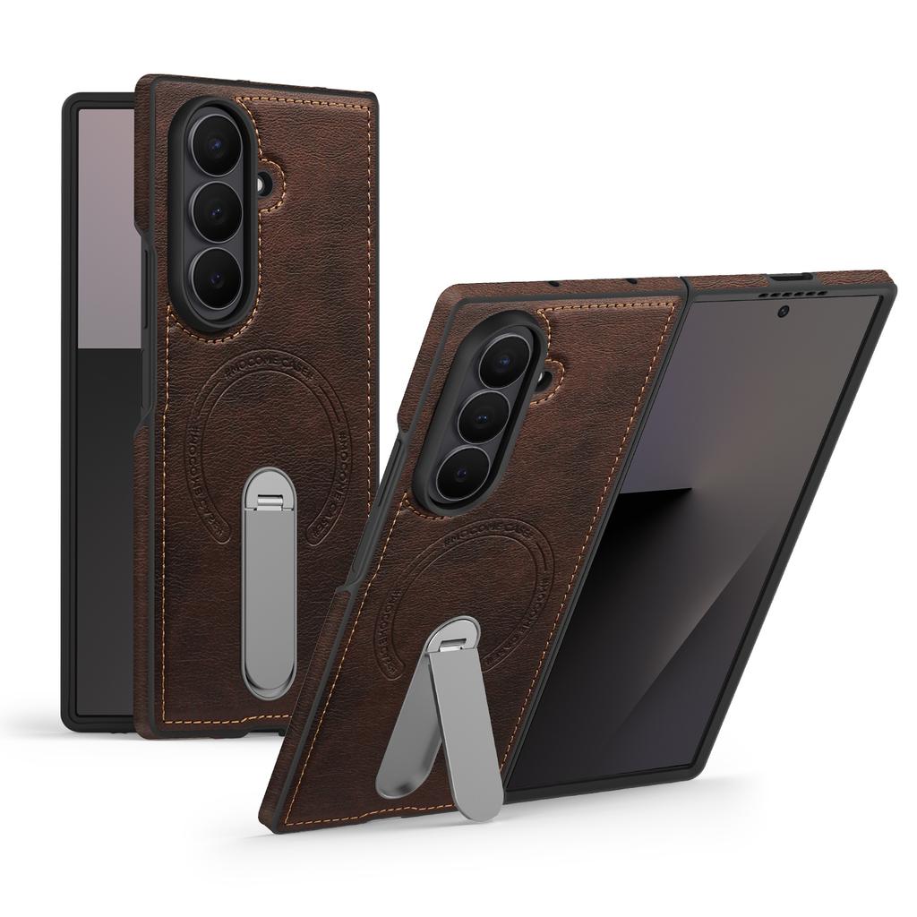 For Samsung Galaxy Z Fold7 5G Magnetic Case Rotating Kickstand Leather Coated PC Phone Cover
