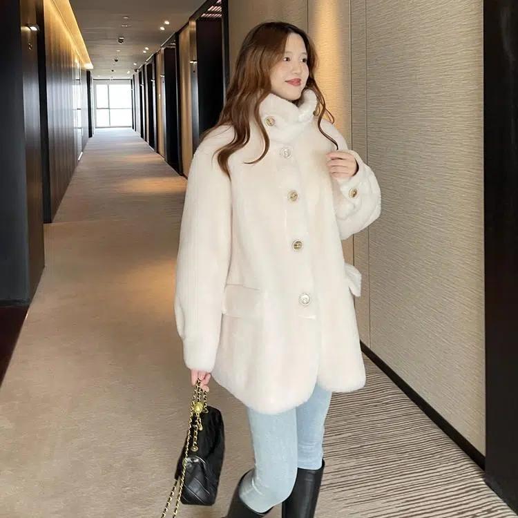 Autumn and Winter Mohair Warm All-match Coat Ladies Button Coat Coat Women High-end Imitation Mink Fur Coat