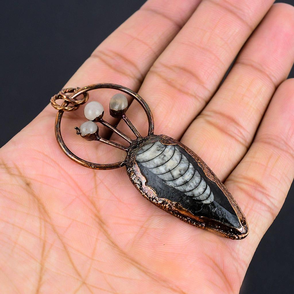 Orthoceras Fossil Jewelry, Copper Electroformed Pendant Handmade Gemstone Jewelry, Gifts For Wedding Pendant