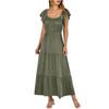Women's Summer Casual Short Sleeve Square Neck Smocked Elastic Waist Tiered A Line Maxi Dress With Pockets