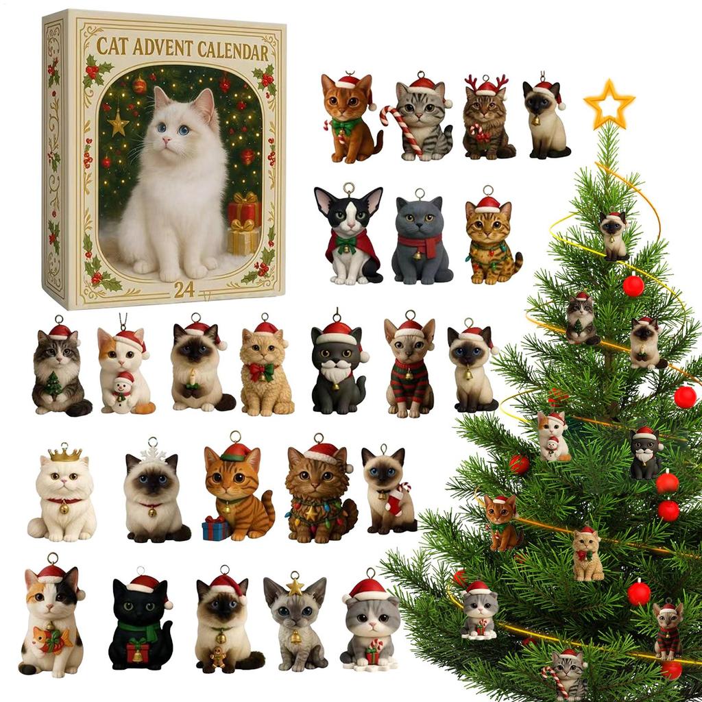 Advent Calendar 2025 24 Days Christmas Countdown with 24Pcs 2D Acrylic Cute Kitten Tree Decoration for Xmas Cat Lovers Gifts