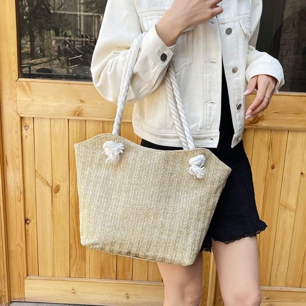 Solid Color Beach Handbag Bohemian Underarm Shoulder Bag Elegant Straw Tote Bag  Summer