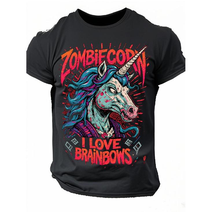Zombie Unicorn Graphic T-Shirt- Unisex Retro Style Crew Neck Short Sleeve Tee with Rainbow Mane& "I Love Rainbows" Slogan, Vibrant Pink& Print On,
