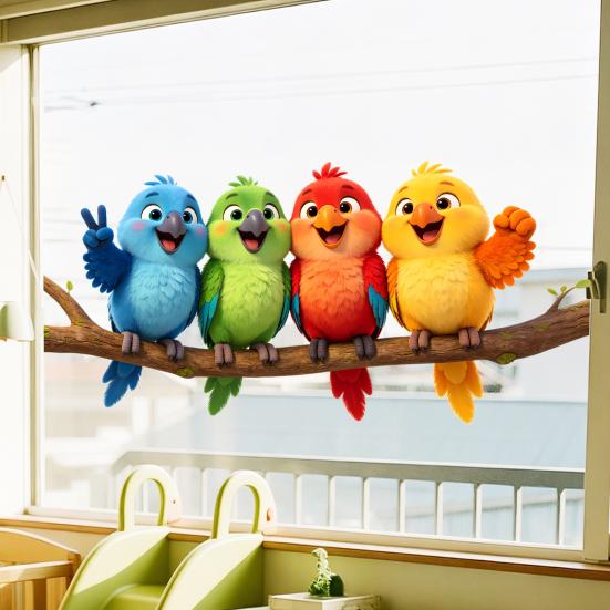 Забавные птицы Наклейки на окно, Мультяшные 4 тропических попугая на ветке дерева, Прилипающие к стеклу наклейки, Противоударные наклейки на стеклянную дверь для детской комнаты, спальни