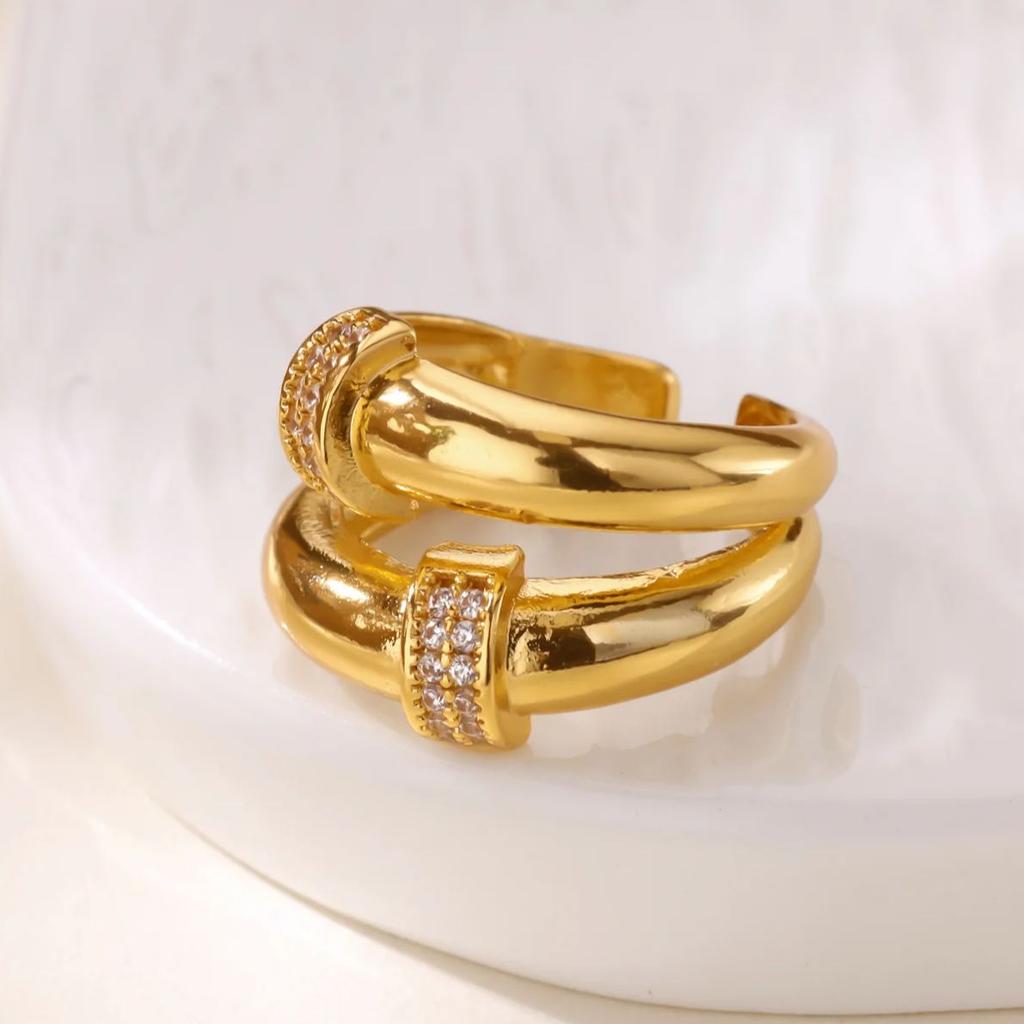 Двойные круглые кольца с цирконами для женщин, золотого цвета, из нержавеющей стали, геометрические, регулируемые кольца на палец, свадебные, парные, ювелирные изделия, подарки